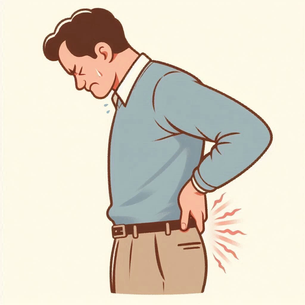A simple illustration of a man in his 50s suffering from sciatica. The man is slightly hunched over,.jpe